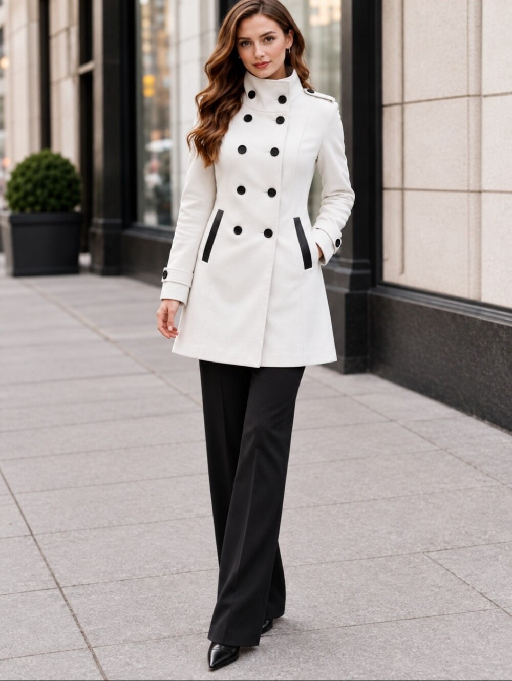 BCX | Luxury White Peacoat Black Trim Tailored High Collar